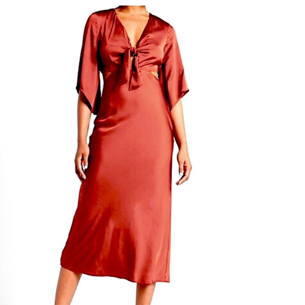 Red/ brown express silk tie front dress